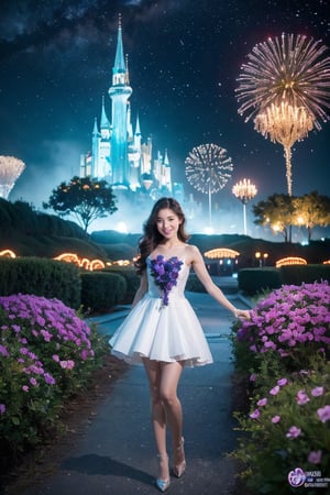 A curious girl with a bouquet of vibrant flowers stands amidst a fantastical landscape inspired by Wonderland's whimsy. In the background, a glowing alien cityscape stretches towards the sky, illuminated by an ethereal blue light. The girl's bright smile and outstretched arms seem to welcome the extraterrestrial visitors, as if showcasing her own little patch of wonder in this surreal science fiction world.