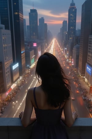 (masterpiece, best quality), (busy city,bustling atmosphere,silhouette of a teenage girl at the top of a building looking down at the street), dusk, neon lights, high-rise buildings, twinkling cityscape, energetic pedestrians, rushing traffic, vibrant colors, urban metropolis, hustle and bustle, modern architecture, skyscrapers, city lights, asphalt roads, flickering street lamps, urban soundscape, blurred motion of cars and people, urban sprawl, city at night, nightlife, teenager's contemplative stance, isolated figure, loneliness in the crowd, ethereal atmosphere, mysterious aura, reflection of city lights on the windows, warm glow of the setting sun, exciting energy, imposing shadows, towering skyscrapers, rebellious spirit, expansive city view, vivid vitality, metropolitan dreamscape, urban exploration, romanticized chaos, captivating skyline, anonymous faces, concrete jungle, raw emotions, inspiring heights, clenched fists, hazy skyline, endless possibilities,Enhanced All,ghibli,cyber,luxury style,wonder beauty