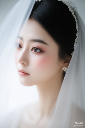 A serene south korean beauty resides within the tranquil confines of a actress. The camera's high angle and super wide-angle lens capture every intricate detail of her face, from the delicate curves of her eyelids to the soft folds of her veil. A shallow depth of field blurs the simple background, while bokeh effects add a touch of ethereal magic. With perfect dynamic composition, the subject's features are rendered in exquisite high resolution (16k), showcasing a masterpiece of beauty and aesthetics.th kỏean