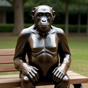  there is a bronze sculpture of a chimpanzee sitting on a bench. The chimpanzee is depicted in a lifelike manner, with intricate details and a realistic appearance. The sculpture is placed on a wooden bench, which adds to the overall presentation of the artwork. The chimpanzee's facial expression and body posture are captivating, making it an attention-grabbing piece of art.