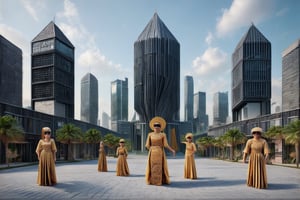 mage of a futuristic city with buildings designed based on traditional African architecture, covered with high-tech lines and natural elements. People in the image may be wearing costumes inspired by ancient African fashion but combined with modern equipment such as virtual reality glasses or technological devices.,Perfect Architecture