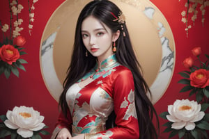 official art, unity 8k wallpaper, ultra detailed, beautiful and aesthetic, beautiful, masterpiece, best quality, (zentangle, mandala, tangle, entangle:0.4) The artwork features a fantasy chinese empress with the most sumptuous wedding hanfu dress made of (red silk:1.8) and richly embroidered with gold and silver threads, intricately carved golden badges and tassels, very large sleeves, golden jewels, along with an assortment of different floral patterns spread throughout. Finely intricated magic circles, (Intricately carved marble background:1.8). (woman, very long hair, full body shot, majestic pose ) ,horror,Enhanced All,xxmix_girl,Vibrant colors palettes,Long Legs and Hot Body