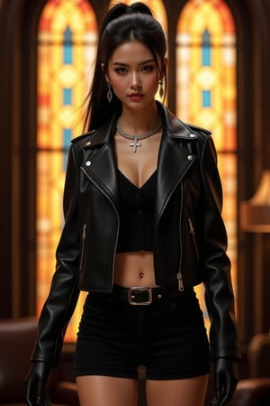 A moody, full-length female doll stands boldly in front of a stained glass window, where warm hues of orange, yellow, and blue dance across the backdrop of rich brown tones. Dressed in all-black attire - leather jacket, shorts, belt, and gloves - she exudes edgy sophistication. A silver necklace and earrings add subtle sparkle to her enigmatic gaze. Her ponytail, tied neatly back, injects a touch of warmth into the overall dark aesthetic.