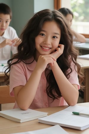 A close-up shot of a bright-eyed, curly-haired high school girl sitting at her desk in a sunlit classroom, surrounded by textbooks and pens. Her smile is warm and inviting as she looks directly at the camera, her hands clasped together in anticipation.