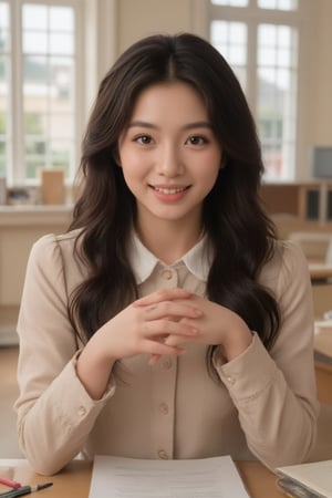 A close-up shot of a bright-eyed, curly-haired high school girl sitting at her desk in a sunlit classroom, surrounded by textbooks and pens. Her smile is warm and inviting as she looks directly at the camera, her hands clasped together in anticipation.