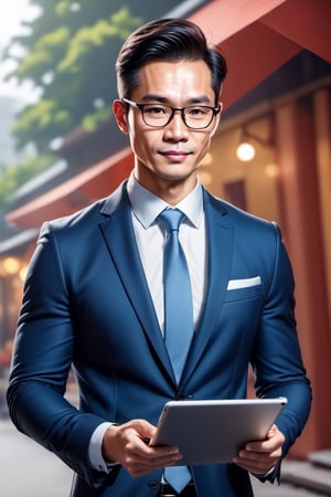 A gentle man, 35 yo, Vietnamese, showing ipad screen displaying a solid with image, wears comfortable suit, fashionista, young face, trustable face, happy emotions, TDNM,Enhanced All, glasses