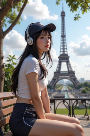 Master piece, generate image of a Girl with headphones, cap, dreamy expression, sitting a bench in the gardens of the Eiffel tower, training wear, t-shirt and sport shorts, (ultra detailed perfect piece:1.2), illustration, masterpiece, (extremely detailed CG 8k), (very fine 8K CG), (1girl:1.2), (dark hair), long hair, wavy hair, hair over one eye, sparkling, light blue eyes, looking at side,