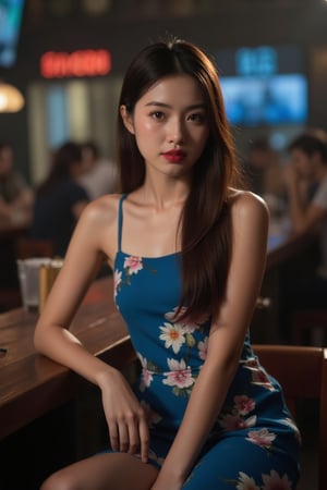 a young Asian woman is seated at a bar, her long brown hair cascades over her shoulders. She is wearing a sleeveless blue dress adorned with a floral pattern, adorned with red lipstick. She's sitting on a brown stool, her left hand resting on the bar counter, adding a touch of balance to her body. The backdrop is blurred, suggesting a bar is filled with people seated. The lighting is subdued, creating a vibrant contrast to the scene.