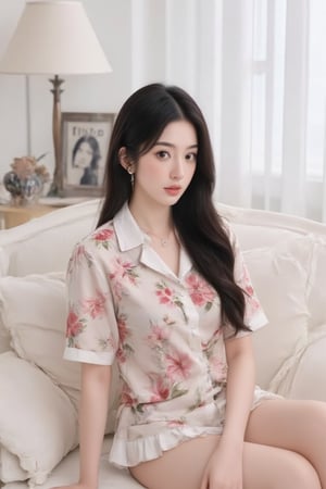 A serene woman sits elegantly on a plush white sofa, her dark hair flowing like silk over her shoulders. She wears a flowery shirt with a crisp white collar and delicate necklace. Her left hand rests on her hip, grounding her posture. The sofa's ruffles add tactile interest to the composition. Against the stark white backdrop, vertical blinds conceal the window, while a lamp shade and black-and-white photograph create visual intrigue beside her.