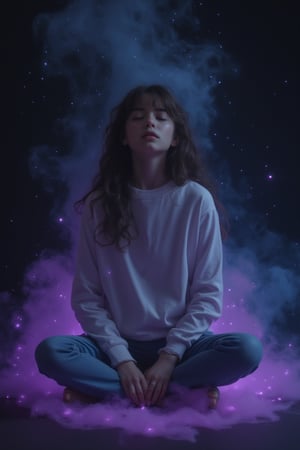 A surreal still life: A young girl sits cross-legged on a dark, starry background, her eyes closed in concentration. She's surrounded by swirling clouds of purple and blue gases, echoing the cosmic vortex of a black hole. Her hands rest palms-upward, as if channeling the celestial forces. The lighting is dim, with faint streaks of light tracing the curves of the galactic dust.,wonder beauty