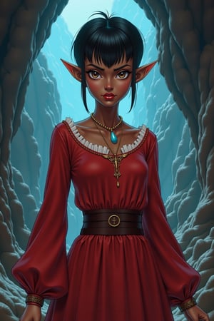 (((A detailed masterpiece illustration by Kentaro Muira))) , front view, 1 girl, elf, (((dark skinned female))), pixie haircut, full body,  tomboy, red lipstick,  red medieval dress, , intense expression looking at viewer, full body, glittering jewel cave background,preidental suite