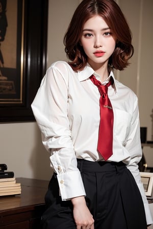 (masterpiece,  top quality,  best quality,  official art,  beautiful and aesthetic:1.2),  (1girl:1.3),  heterochromia , photorealistic,red hair, shirt, tie, black trousers,Realism,Enhance,perfect split lighting,Young beauty spirit 