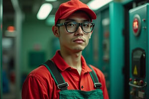 masterfully fuses human identity with technology, resulting in an otherworldly and captivating portrait. The subject, a young man dressed in a red baseball cap, a red collared shirt, and a green pants in style of a repairman. 