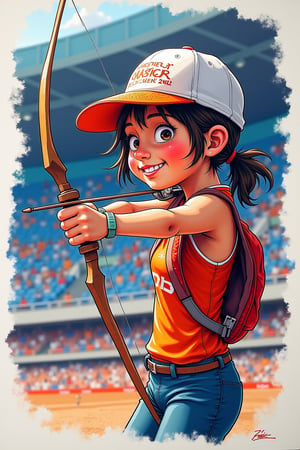 Masterpiece, ink paint style, The summer Olympic Paris 2024 paintiing,  1 girl, closeup,  archer athletic, shoot at olympic arena,   best quality, high quality, Highres, (hyper detailed), 4K, high resolution, Olympic arena, athlete, happy, five rings symbol olympic games at foreground, 