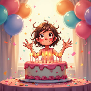 A whimsical anime scene: A little girl stands in front of a majestic, multi-tiered birthday cake adorned with 12 sparkling candles that seem to float on her outstretched hands. Her eyes shine bright with excitement as she gazes up at the colorful celebration surrounding her. Soft, pastel-colored balloons and confetti flutter around her head, creating a sense of joyous chaos.