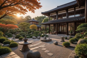 Create an image of a serene Japanese Zen garden in autumn, with a focus on the garden's natural beauty and tranquility. The scene should be framed with a wide-angle view, showcasing the garden's meticulous landscaping, featuring gravel paths, stone lanterns, and carefully arranged rocks. The lighting should be soft and warm, highlighting the vibrant autumn colors of the surrounding trees, with leaves in shades of orange, red, and yellow gently falling to the ground. The composition should emphasize the garden's harmony and balance, with a sense of peace and contemplation.,Enhanced all