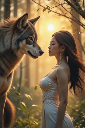 (masterpiece), (best quality),(ultra-detailed),(illustration),(extremely detailed),(perfect anatomy),(super detailed skin). A striking illustration of a wild wolf, its eyes locked on a beautiful, curvy woman who exudes confidence and allure. The woman, wearing a flowing white dress, stands tall and unperturbed, her body language asserting dominance over the wolf. The background is a lush forest, with a golden sunset casting warm hues over the scene. The illustration captures a powerful dynamic between the wild and the captivating, with an intriguing twist on the traditional hunter-prey dynamic., illustration