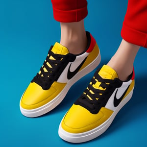 (Create a concept design through studio photography),(Showcasing sneakers with a unique and eye-catching design), (((inspired by Vietnam flag))),(in a commercial style),(placed against a bold blue background),(Render it in a cinematic, photorealistic manner),(ensuring it's available in an impressive 8K resolution).