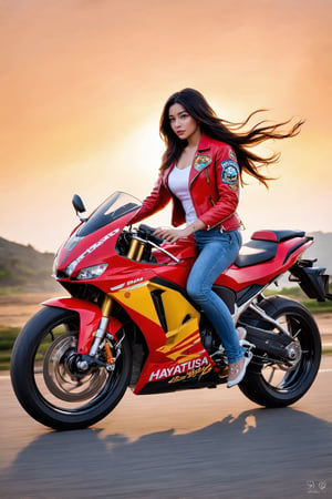 The image depicts a stylized portrayal of a person on a motorcycle. The person has an Asian appearance, with long hair flowing behind them, and is wearing a red leather jacket adorned with patches and a pair of blue jeans. The motorcycle is a sporty model with a predominantly red color scheme and yellow accents. It features the name "hayatiusa" on its side, suggesting a custom or branded modification. The wheels are detailed with black rims and gold-colored hubcaps. The background consists of a gradient of warm colors, transitioning from orange to yellow, which gives the impression of a setting sun or a sunset. The overall aesthetic is one that blends elements of street culture and artistry.,Realistic Enhance,Elite beauty