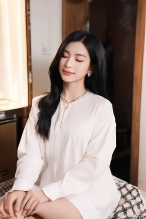 Masterpiece, high quality, high resolution, portrait festive style of a young seductress from Asian, eyes contact,1girl, solo, long hair, shirt, black hair, long sleeves, jewelry, sitting, closed eyes, white shirt, parted lips, indoors, necklace, Supreme