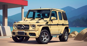 Mercedes G63, black, full option, stop in front of gas station near the beac, high detail