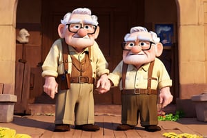 (((masterpiece))), best quality, an old man is sad because he misses his passed away wife, old_aged Pixar Up 2009 style