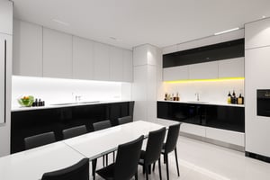 A luxury canteen of the young company in the UK, modern equipments, Modern Japanese architecture, minimalist, youth colorful style, ,full  detail, Refrigerator, wine cabinet are closed to the wall, luxury bar, LED screen on the wall, sharp, full HD, white is the main colors,md