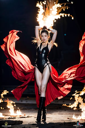 A futuristic heroine stands triumphantly in the midst of a blazing inferno, surrounded by the eerie glow of the FuturEvoLabFlame. Her full-body pose exudes confidence as she gazes directly into the camera lens, her figure silhouetted against the dark background. The 8K HDR image captures every detail of her striking features and athletic physique, bathed in the warm light of the flames.