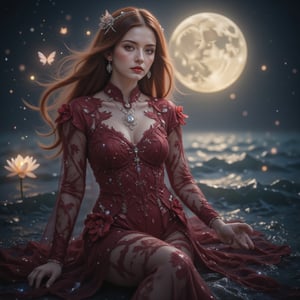 Here's a potential digital illustration based on your description:  -Title:- 'Moonlit Enchantress'  -Image:-  The illustration features a fantastical, ethereal woman standing against a backdrop of a large, glowing sea and a shimmering, starry night sea. Her hair flows like a river of Red, with intricate, delicate strands that seem to come alive in the moonlight.  She wears a stunning, ornate gown that's been meticulously designed to showcase her beauty and elegance. The gown is a deep, rich red color, with intricate flower patterns and sparkling jewels that catch the light. Her headpiece is a masterpiece of complexity, with delicate, curved petals and glittering gemstones that seem to shimmer and shine.  Around her, a halo of light and butterflies creates a magical aura, as if she's conjuring up the very essence of the moon and sea. The moon above casts a soft, gentle glow over the scene, illuminating the waves and creating a sense of peace and tranquility.  -Color Palette:-  - Deep, rich red for the hair and gown - Soft, shimmering yellow for the moon - Delicate, pale black for the flowers and gemstones - Gold and silver for the jewelry and accents  -Style:-  The illustration is done in a highly detailed, realistic style, with a focus on capturing the beauty and elegance of the subject. The character is rendered in a lifelike way, with intricate textures and patterns that add depth and dimension to the image.  -Mood:-  The mood of the illustration is one of enchantment and mystery, capturing the essence of a magical, otherworldly moment. The subject's serene, ethereal expression and the dreamlike quality of the scene create a sense of wonder and awe, as if the viewer has stumbled upon a hidden, mystical world.,Enhanced all,lotus