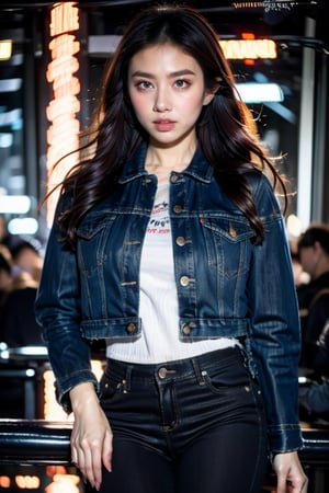 beautiful detailed eyes, tight jeans, cropped denim jacket,Fashionista ,Provocative
