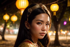 woman, Vietnamese amulet stuck on the forehead, ancient, autumn, Vietnam style, lantern, ,wonder beauty ,Enhance,Young beauty spirit ,Best face ever in the world