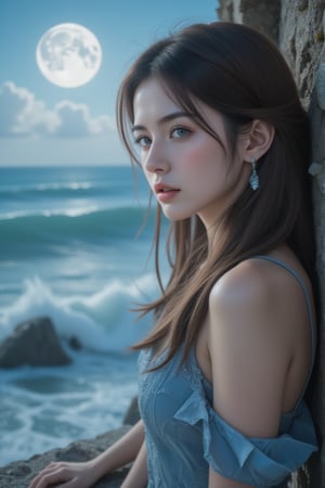 Create an ultrarealistic portrait of a rugged, excited girl with sun-kissed skin and warm blue eyes. Capture her contemplative expression as she gazes out to sea from a secluded cliffside, overlooking the majestic crashing waves.,teenager,Moon,Sea