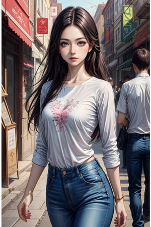 1girl, solo, long hair,  looking at viewer, white shirt, jeans,,Confidence and pride,1 girl ,beauty,masterpiece,best quality,girl,pastel,inksketch,Asia,motion ,Add Art more,Enhance,Worldwide trending artwork