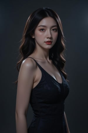 A 25-year-old Asian woman with porcelain-like skin and shoulder-length raven-black hair stands confidently in a dimly lit studio, illuminated by a combination of softbox lights and a sidelight. The volumetric lighting casts a subtle gradient of shadows across her features, accentuating the sharp angles of her cheekbones and the curves of her lips. Her full lips curve into a gentle, enigmatic smile, and her bright, expressive brown eyes seem to hold a secret. She wears a fitted, high-fashion evening gown made of intricate, hand-beaded silk, its surface reflecting the soft light and adding depth to the image.

**Supporting Characters:** Joining Astrid on her journey are a cast of complex and intriguing characters, including:

* Julian Saint Clair, a brooding and handsome model with a dark past
* Lena Grant, Astrid's fiery and supportive best friend and confidante
* Victor LaGrange, a ruthless and cunning fashion mogul with a hidden agenda

**Branding Type:** "Eclipse" - a sleek and modern film brand that exudes sophistication, mystery, and high-stakes drama.

**Tagline:** "In the shadows, beauty lies in wait."

**Visual Style:** The visual style of "Fading Light, Eternal Shadow" is dark, moody, and intensely cinematic. Think "Blade Runner" meets "The Devil Wears Prada" with a dash of "La Vie en Rose" thrown in for good measure. The color palette is predominantly dark and muted, with flashes of bright color to highlight the beauty and drama of the fashion world. Think bold, striking images that leap off the screen and grab the viewer by the throat.