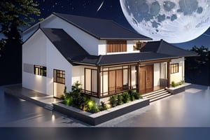 A beautiful and modern , japanese roof style, in a beautiful place at the center of city,Thai style roof, night time, dark sky with moon and stars