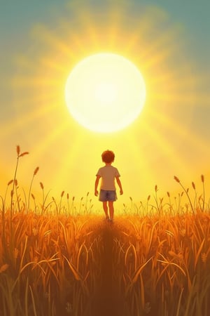 : “A radiant field filled with golden light, as the sun shines down from a cloudless sky. The figure walks into the scene, surrounded by tall grasses swaying gently in the breeze. The warmth and brightness of the sun dominate the frame.”.  Drawing style