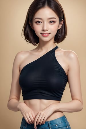 4k,best quality,masterpiece,1girl,(cropped clothes),(demin pant), smile
Detailed face, detailed eyes, double eyelids ,thin face, real hands,
((short hair with long locks:1.2)),brown-hair, white background,


real person, color splash style photo,
,Add Art more