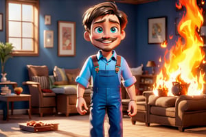 solo, looking at viewer, smile, short hair, blue eyes, brown hair, shirt, 1boy, holding, male focus, collared shirt, pants, indoors, grin, facial hair, scar, thick eyebrows, fire, blue shirt, beard, scar on face, sleeves rolled up, mustache, blue pants, overalls, blue fire,pixar style