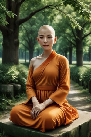 A serene Buddhist monkess, draped in vibrant orange robes and adorned with a delicate veil, sits cross-legged on a rustic stone bench amidst lush greenery. Supreme Buhddism's intricate carvings adorn the ancient tree trunk behind her. Soft, golden light filters through the misty forest, casting a warm glow on Truly Asian Beauty's gentle features.,Buhhdism 3555