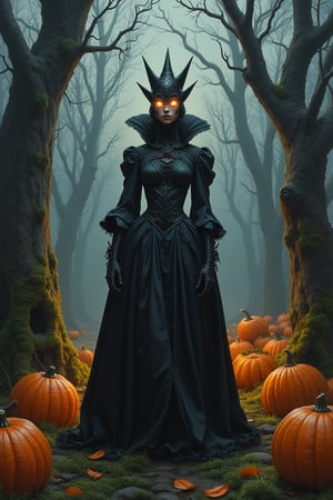 Painting A striking Halloween costume ensemble adorns a majestic model standing amidst a darkened, misty forest at dusk. The drawing captures the subject's elaborate getup from a low angle, emphasizing the towering pumpkins and twisted tree branches in the background. Soft, golden light casts long shadows across the moss-covered terrain as the model strikes a confident pose, their glowing eyes the only beacon of mischief amidst the eerie atmosphere.