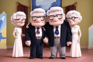  (((masterpiece))),best quality, there are a couple they are (husband and wife). They are hugging each other.
Husband: about 65yo, wear glasses.
Wife: 62yo, white hair.
,Pixar Up 2009 style