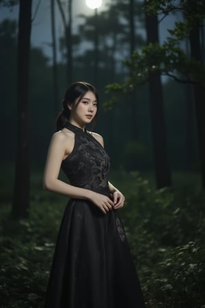 In a dimly lit, stormy forest on a dark night, a lone woman stands, her pale skin illuminated only by the faint moonlight. She wears a stunning China dress with a long sheath skirt and a Jiangshi-inspired costume featuring intricate fang designs. Her black hair is styled in a side braid with blunt bangs and loose strands framing her face. But it's not her beauty that commands attention - it's her unsettling features: droopy, unclear eyes with ruby red and lemon yellow heterochromia, and a flat, expressionless face. A streak of black eyeliner accentuates her bad eyes, which seem to stare right through you. She holds an ofuda in one hand, grasping the edge of her skirt with the other, as if frozen in fear. The composition is straightforward, with the woman centered in the frame and looking directly at the viewer with a paw-like pose, as if begging for help. The atmosphere is heavy with foreboding, as if something lurks just beyond the treeline, waiting to pounce.