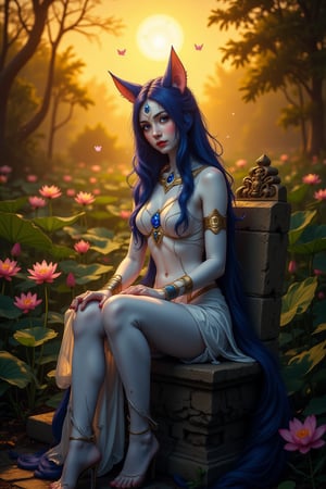 Mystical Awakening: A regal tableau unfolds against a warm golden backdrop, where a statuesque cosplayer, embodying Bastet's doppelganger, majestically sits upon a worn stone throne. Her luminous complexion gleams like polished white marble, as her eyes sparkle with an otherworldly intensity, reminiscent of lapis lazuli jewels. The setting sun casts a warm glow, illuminating the scene from behind, while long, flowing hair cascades down her back like a river of night, framing the majestic pose amidst a lush lotus-filled environment.