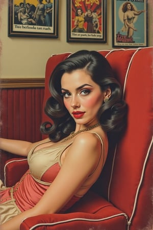 Oencil colors drawing, a stunning pinup girl reclines against a plush velvety booth, her adorable face framed by vintage posters from the 1970s. 