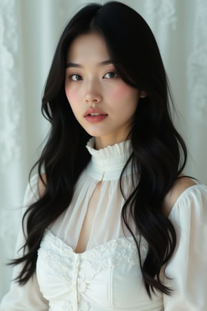 A close-up shot of a young Asian woman with long dark brown hair and blue eyes. She is wearing a white sleeveless dress with a white turtleneck. The woman's dress is adorned with white embroidery on the shoulders and neck. The backdrop is a white curtain with white designs on it. Effects: Hdr, ultra rich colors,HDR