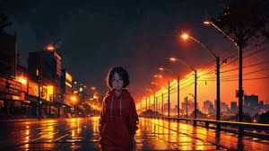 (masterpiece), best quality, high resolution, highly detailed, detailed background, perfect lighting,light blue eyes, medium breasts, cinematic, movie,  1student council girl with glasses and short hair in a red hoodie (((on a highway at night with city in the background))), (((minimal light, dark moody atmosphere, cinematic,urban landscape))),Makeup,Enhance,SGBB,Wonder of Art and Beauty,wonder beauty ,Ani_Uni