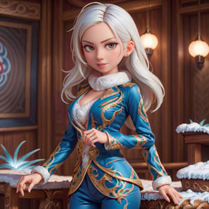 Illustrate a girl with the power of ice, featuring ice-white hair and clothing, set in a snowy landscape. Emphasize (((intricate details))), (((highest quality))), (((extreme detail quality))), and a (((captivating winter composition))). Use a palette of cool blues and whites, drawing inspiration from artists like Artgerm, Sakimichan, and Stanley Lau,midjourney