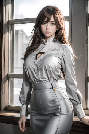 (UHQ,high resolution, adult anime), 1 girl, 26 years old, (((((very ANGRY))))), angry face, housewife, Curvy MILF body, seductive, Passionate, Elegant, long flowing Hairstyle with bangs that fall on her forehead, Dark Brown hair color, green eyes, wearing a simple sexy ((((white blouse and light gray pencil skirt)))), full detail,Timeless beauty,SAM YANG,Wonder of Art and Beauty,Sugar babe 