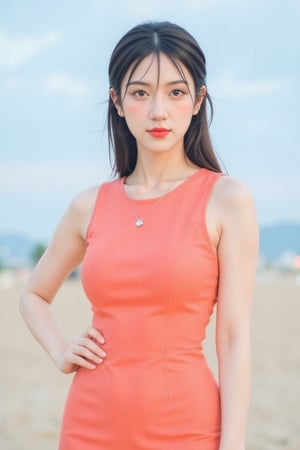 A young Asian woman stands confidently, left hand on hip, in a bold salmon-hued sleeveless dress, its radiant color amplified by a silver necklace and earrings. Her ponytailed hair adds a pop of color to her face, drawing attention to her striking features. The blurred backdrop creates a stunning contrast with the dress, while a soft blue sky with wispy clouds adds depth and serenity to the scene.