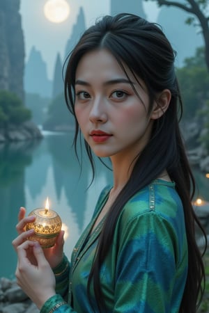 A young woman with porcelain skin and striking emerald green eyes, her dark brown hair styled in loose, effortless waves, stands at the edge of a tranquil, moonlit lake in a fantastical digital utopia, her slender frame draped in a flowing, silk-like cloak of iridescent blues and greens that shimmer in the soft, ethereal light. Her gaze is intense, her full lips pursed in a mixture of curiosity and concentration as she holds a delicate, antique music box, its intricate mechanisms and patterns a testament to the ingenuity of the goblin traders who crafted it. In the background, a dreamlike cityscape of crystalline spires and glittering waterfalls rises above the treetops, its soft, golden light spilling across the lake like a warm, comforting blanket. The atmosphere is one of serene, otherworldly beauty, as if time itself has slowed to a gentle, hypnotic crawl. Shot in a cinematic 2.39:1 aspect ratio, with a subtle, grainy texture that evokes the feel of 35mm film stock, the image is bathed in a soft, warm light that seems to emanate from the very heart of the digital utopia, with a subtle, golden glow that hints at the magic and wonder that lies just beyond the edge of reality.,biological,Art